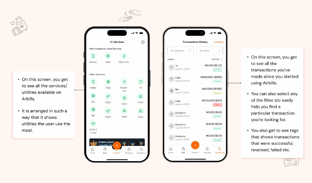 All Services and Transaction History annotated