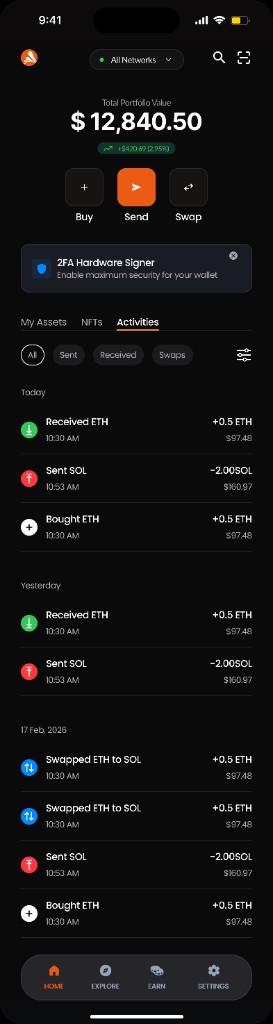 Activities tab - transaction history