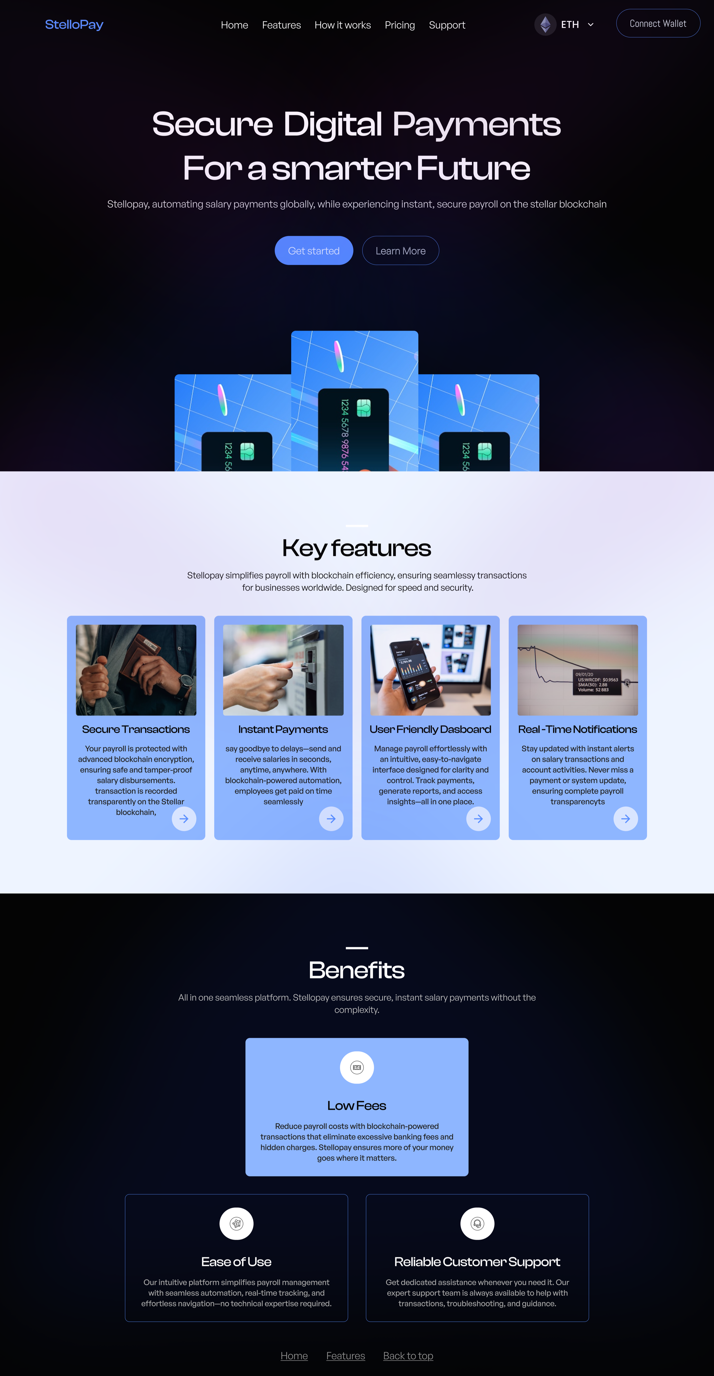 StelloPay former landing page - mixed light and dark sections